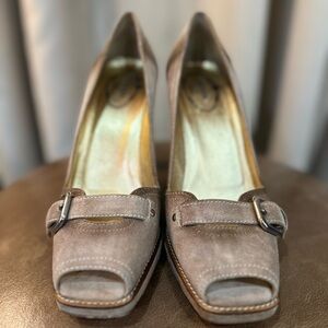 Prada Taupe Buckle Peep-Toe Heels 7.5